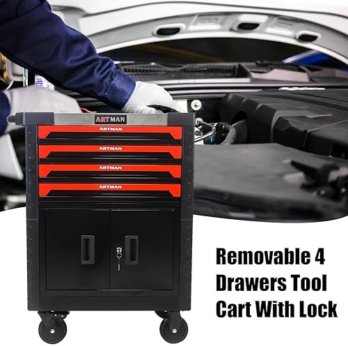 Miniatura 6 de Carrito de herramientas rodante con 4 cajones y ruedas, organizador de almacenamiento de herramientas mecánica con cerradura, gabinete de