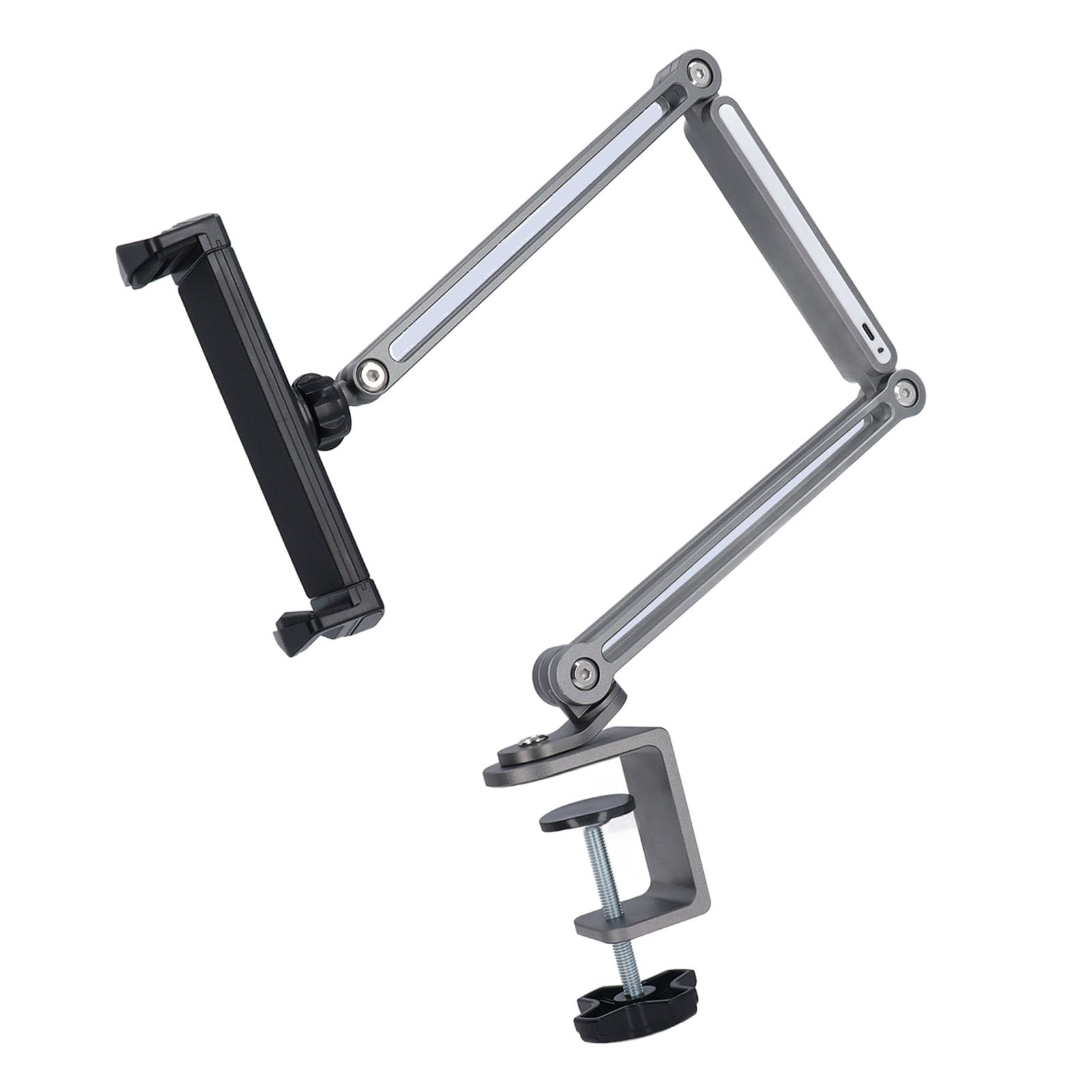 Naroote Supporto per Telefono con Supporto per Tablet, per Telefono con Rotazione a 360° con Morsetto, Braccio Lungo e Luce Regolabile, Design Portatile Pieghevole, Ideale per Scrivania e Letto (GRAY)
