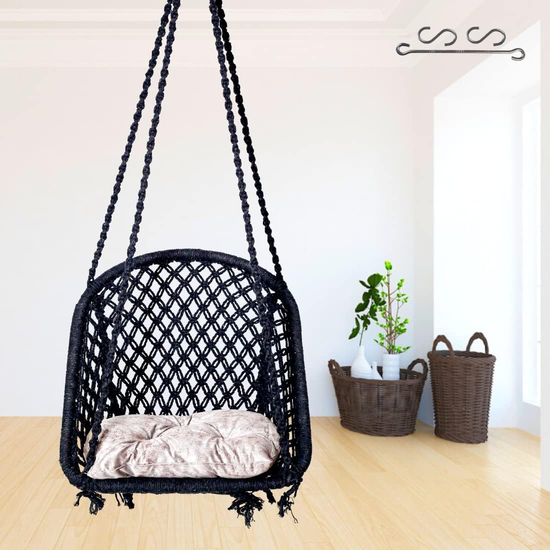 Patiofy Swing for Adults & Kids/Swing for Balcony/Swing Chair for Adults for Home/Cotton D Shape Wooden Swing/Jhula Swing for Indoor Outdoor Garden/Includes Hanging Kit & Silver Cushion-Black