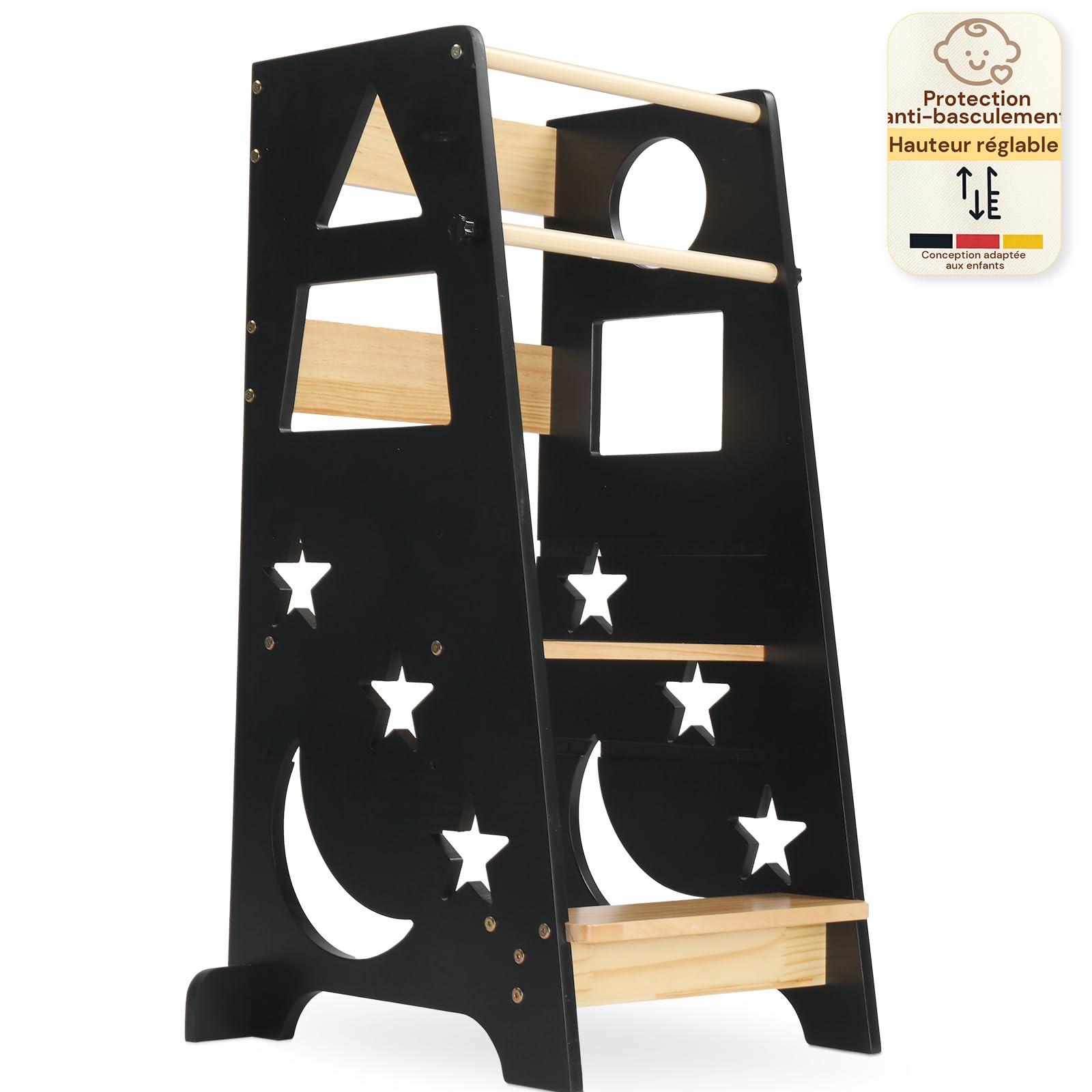 LALAHO Torre de observación Montessori a partir de 18 meses con ajuste de | Seguridad Anti-Bascular y diseño de madera resistente para cocina, baño y área infantil (negro+naturaleza)