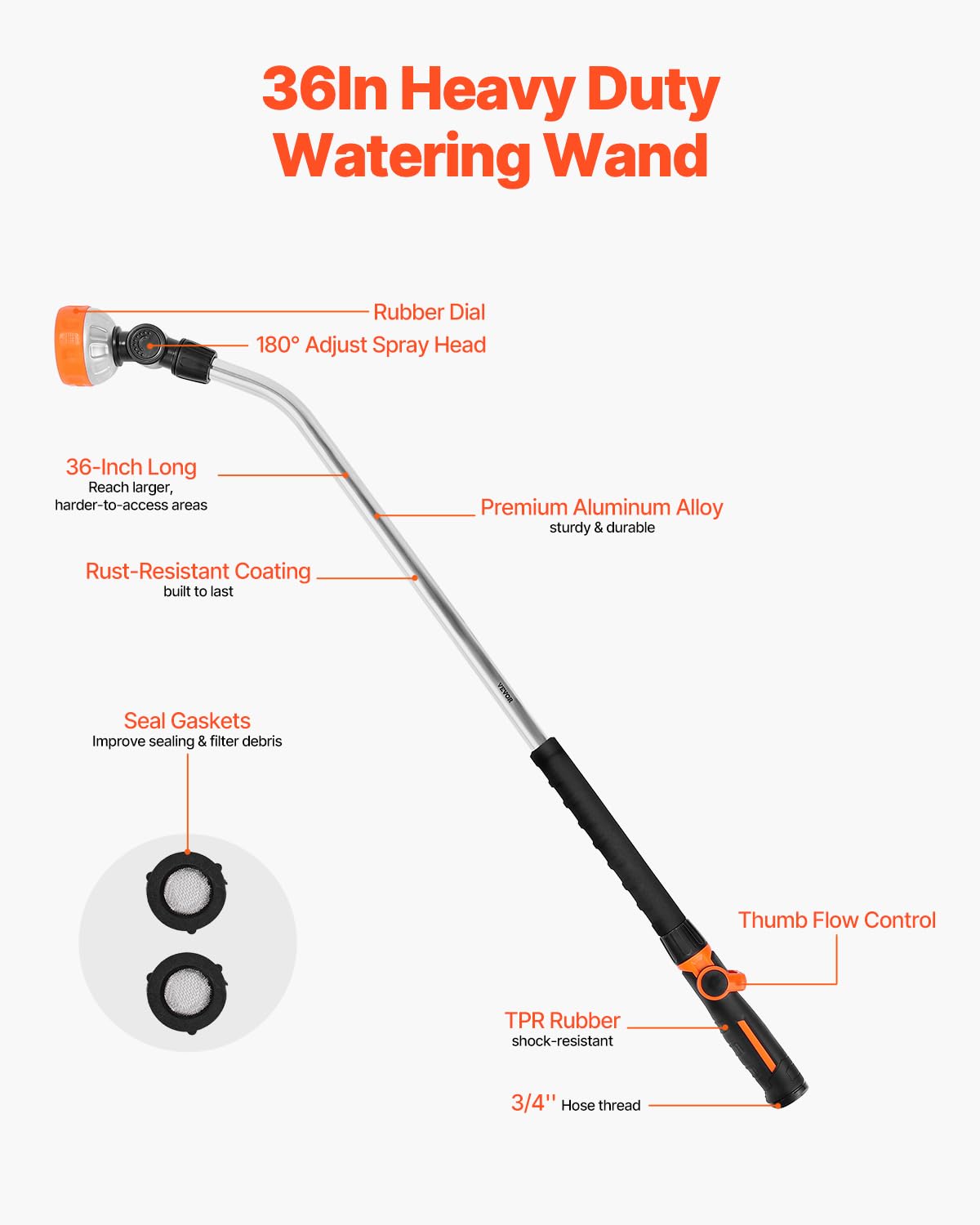 VEVOR Bacchetta per irrigazione da giardino extra lunga da 91 cm, con 8 modalità di spruzzo e testa girevole a 180°, ugello lungo con controllo on/off per pollice, ideale per appendere cesti