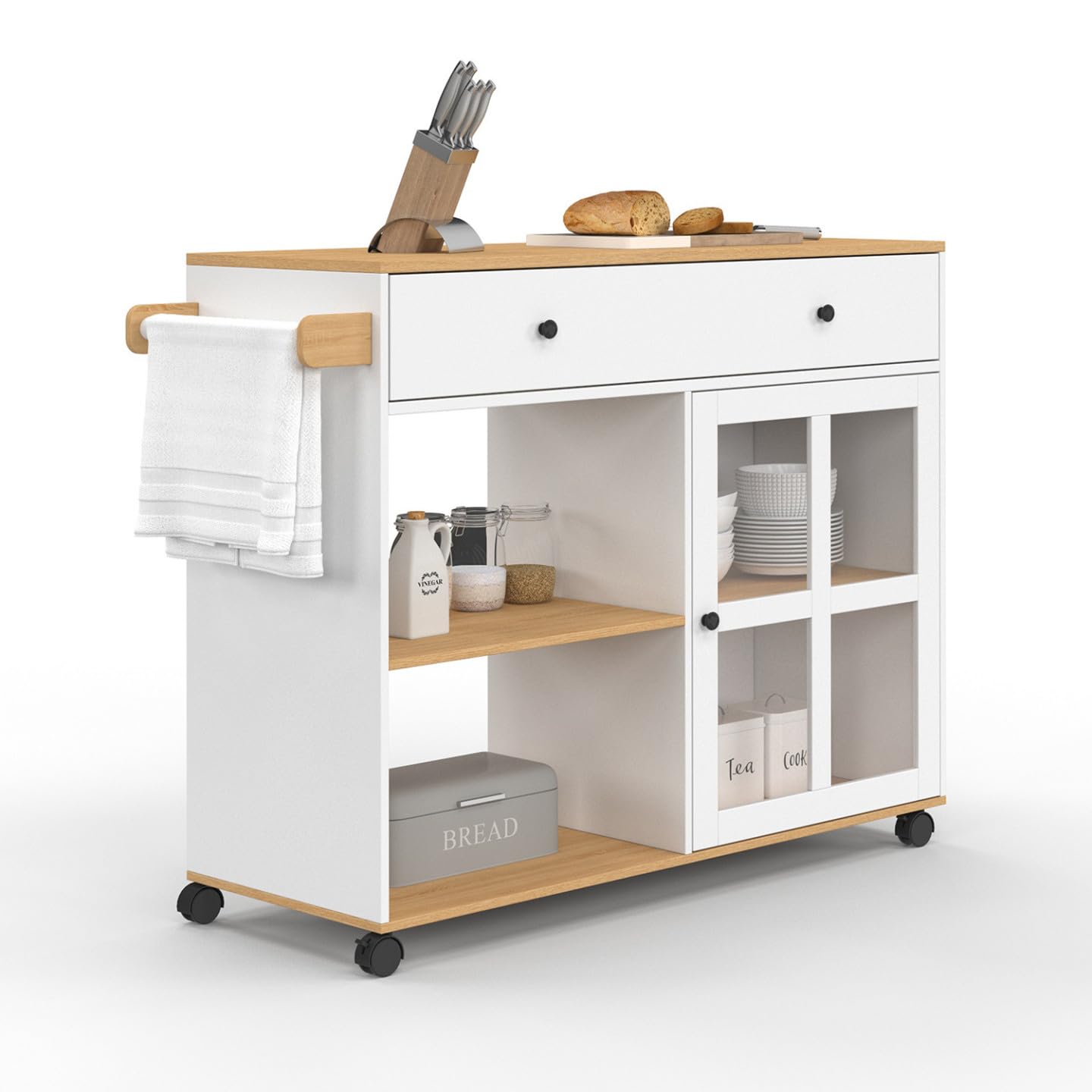 IDMarket - Carrito de cocina ACHILLE XXL con estantería y armario acristalado en madera y blanco L.100 CM