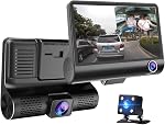 1080P Full HD Dash Cam with 32GB SD Card, 4 inch Screen, 3 Cameras,170 Wide-Angle Front Camera, Night Vision, WDR, Accident Lock, Loop Recording, Parking Monitor, Motion Detection, Black