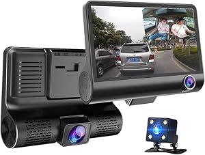 1080P Full HD Dash Cam with 32GB SD Card, 4 inch Screen, 3 Cameras,170 Wide-Angle Front Camera, Night Vision, WDR, Accident Lock, Loop Recording, Parking Monitor, Motion Detection, Black