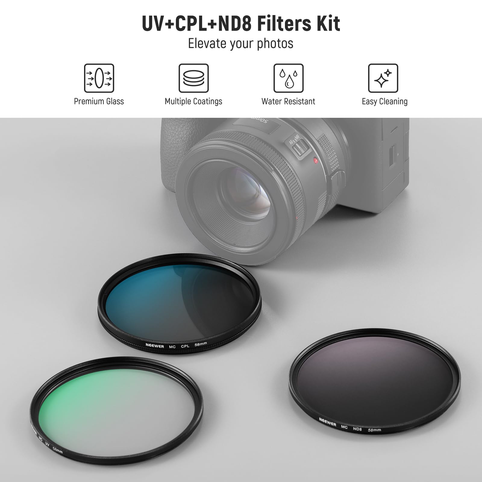 NEEWER Kit Filtro UV/CPL/ND da 58mm, Protezione UV + Polarizzatore Circolare + Densità Neutra (ND8), Filtri per Obiettivo Fotocamera con Vetro Ottico Multistrato, Telaio Sottile e Custodia Migliorata