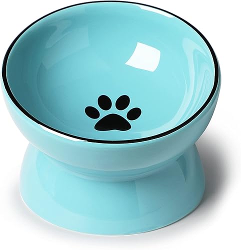 ONTUBE Cuenco elevado de cerámica para gatos, cuencos de comida para mascotas, 5.3 pulgadas, 10 onzas (azul)