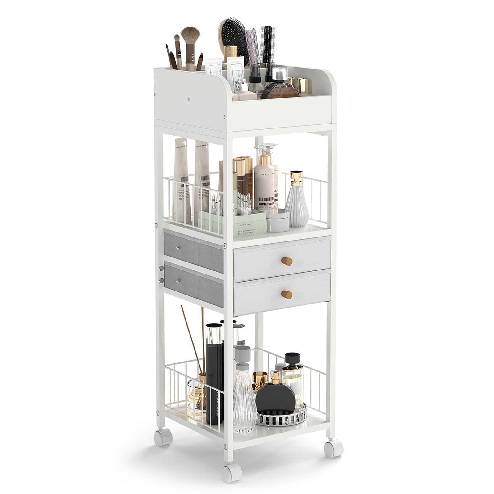COSTWAY Rangement Maquillage sur Roulette, Organisateur de Maquillage avec Tiroirs, Étagères, Support de Présentation pour Cosmétiques, Vernis à Ongles, Parfum, Outils de Coiffure, Blanc