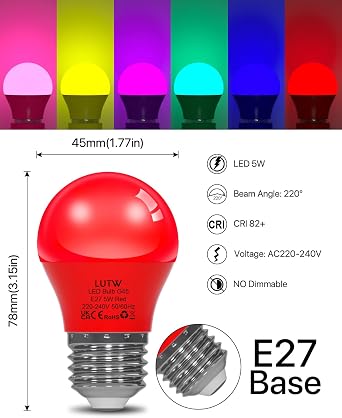 G45 E27 Light Bulb, 5W 450LM, 6 Colours, A15 Coloured Bulbs, 6 Pack [Energy Class F]