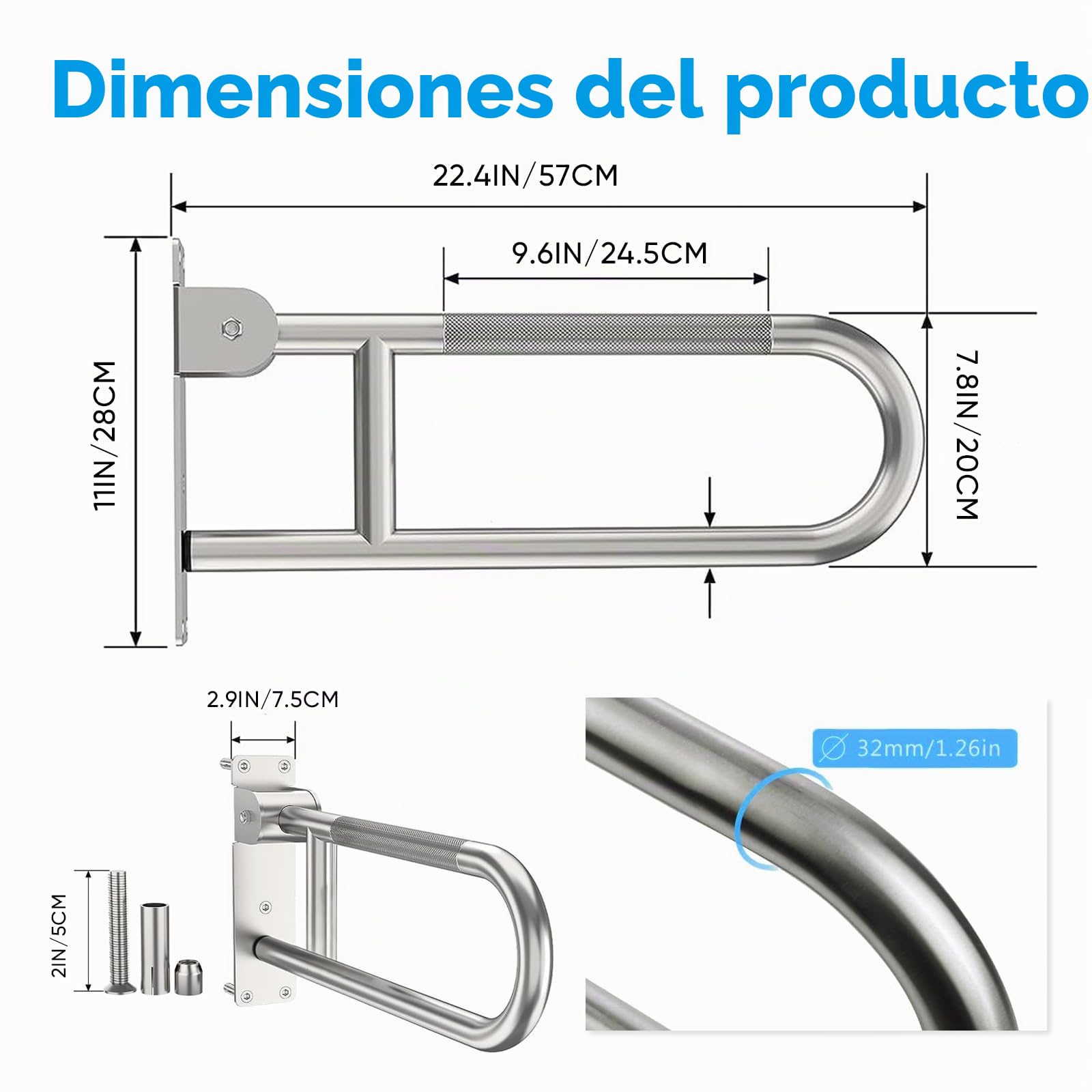 Barra Baño Abatible Acero Inoxidable 60cm | Barra WC Seguridad, Mate Antideslizante, Apoyo Seguridad Asidero, Agarre Plegado Compacto, Ducha