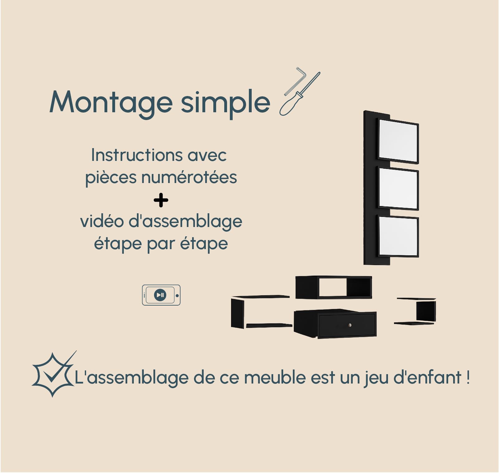 MB Muebles Bonitos, Meuble d’Entrée Mural Neo avec Miroir et Tiroir, Design Moderne Suspendu, Mélamine Mate, Couleur Noir, 99.5x145x29.5 cm