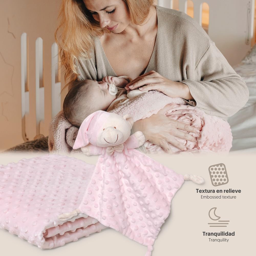 Interbaby Copertina + Doudou Neonato | Copertina Neonato Cotone 80x110cm a Bolle + Peluche Orsetto 28x17cm | Regalo Nascita Neonato Maschio e Femmina in Confezione Regalo (Rosa)