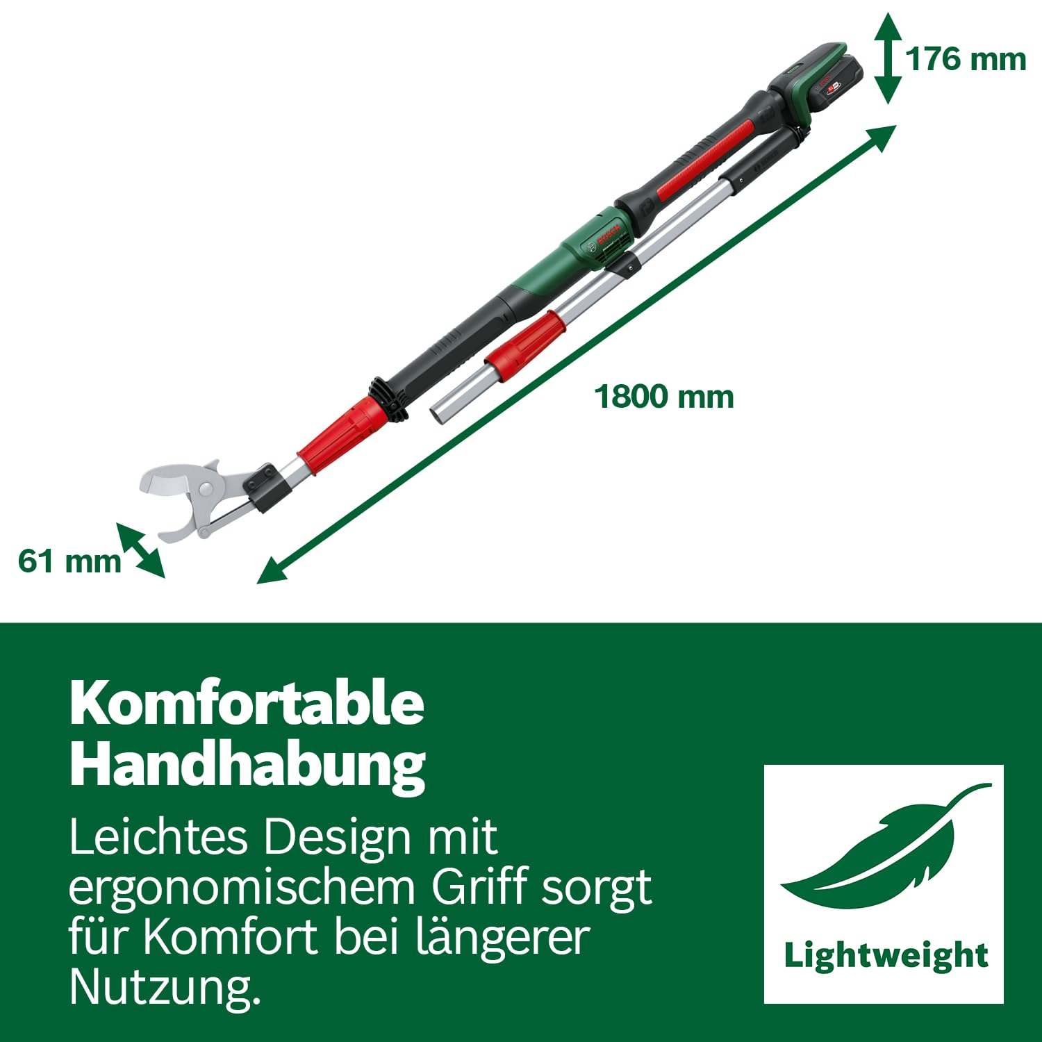Bosch Akku-Gartenschere AdvancedPrune 18V-45 (für müheloses Schneiden von Ästen bis 45 mm; 18-Volt-System; bis zu 600 Schnitte; mit Verlängerungsstange, ohne Akku oder Ladegerät)