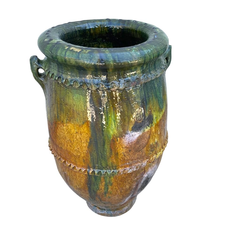 Marokkanische Vase Tamegroute, Amphore, handgefertigt, aus Keramik, Grün und Ocker, 38 x 38 x 62 cm