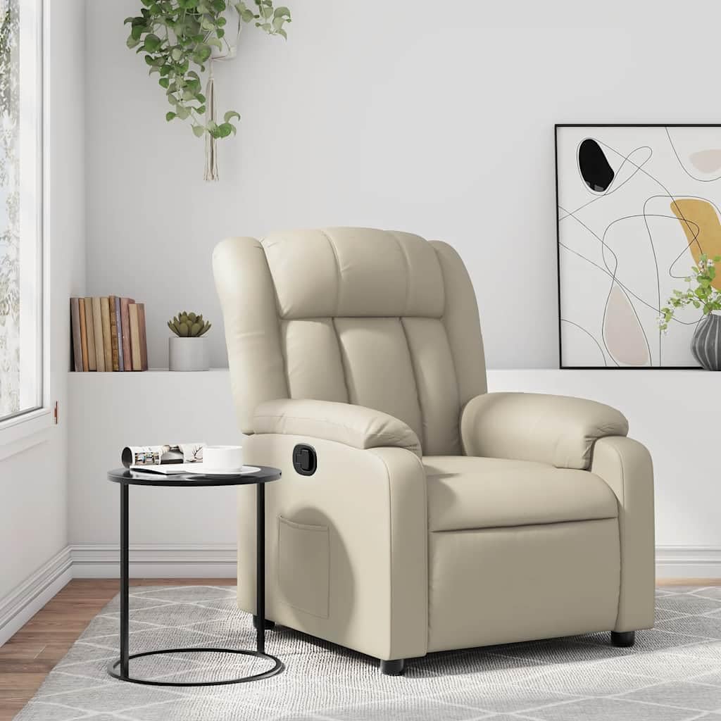 Poltrona relax con funzione reclinabile manuale, poltrona TV regolabile fino a 135 gradi, poltrona imbottita in ecopelle color crema, poltrona TV con poggiapiedi e tasca laterale per soggiorno