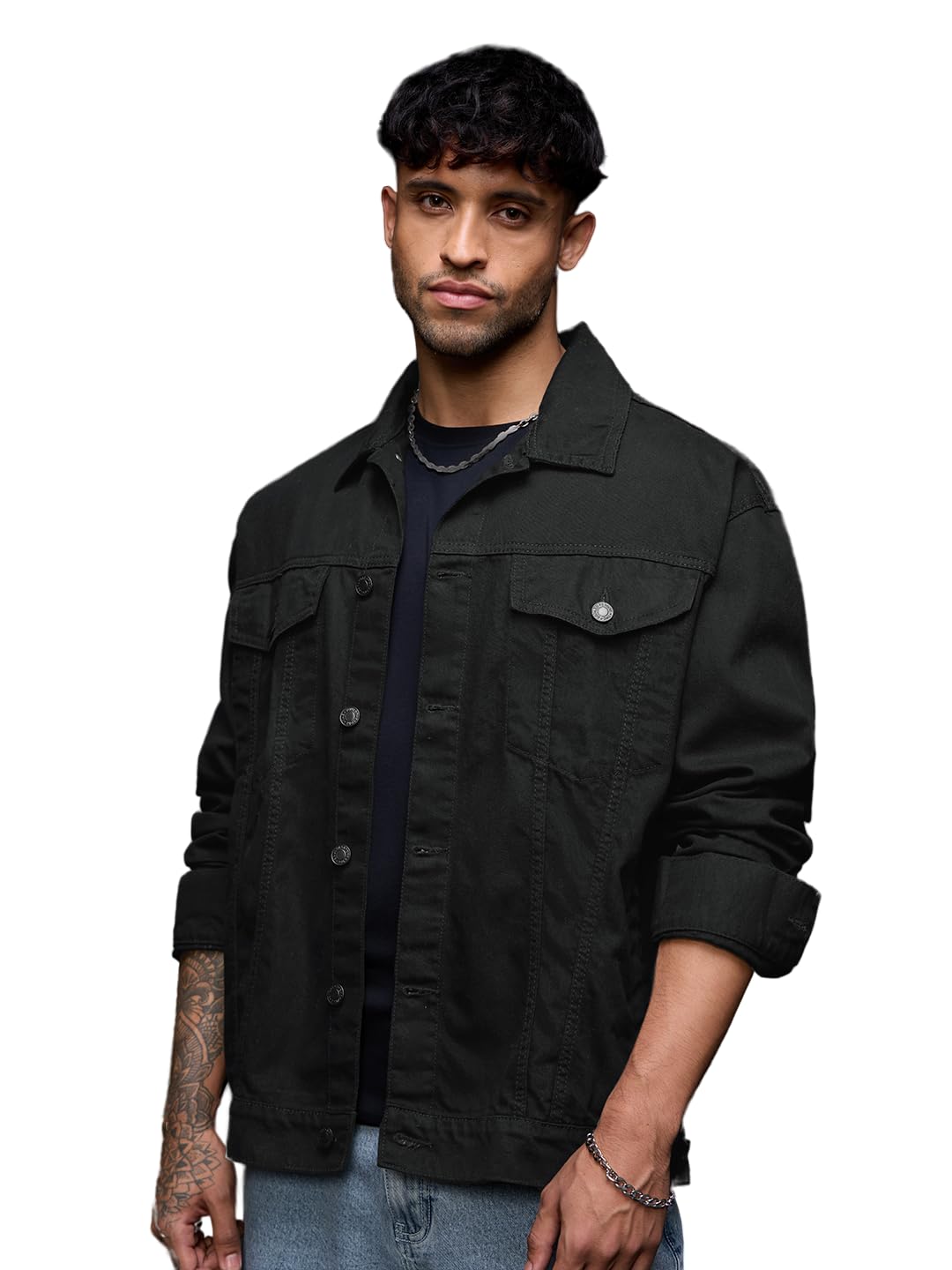 the souled store Denim Jacket: Onyx Men and Boys Full Sleeves Spread Collar Black Solid Cotton Oversized Fit Durable Lightweight Everyday Denim Jacket-picture-33