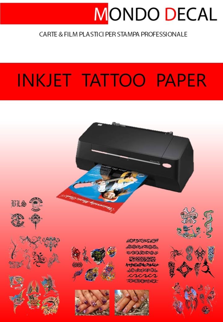 CARTA TRANSFER PER TATUAGGI TEMPORANEI - TEMPORARY TATTOO TRANSFER PAPER, 1 SET A4 STAMPA INKJET