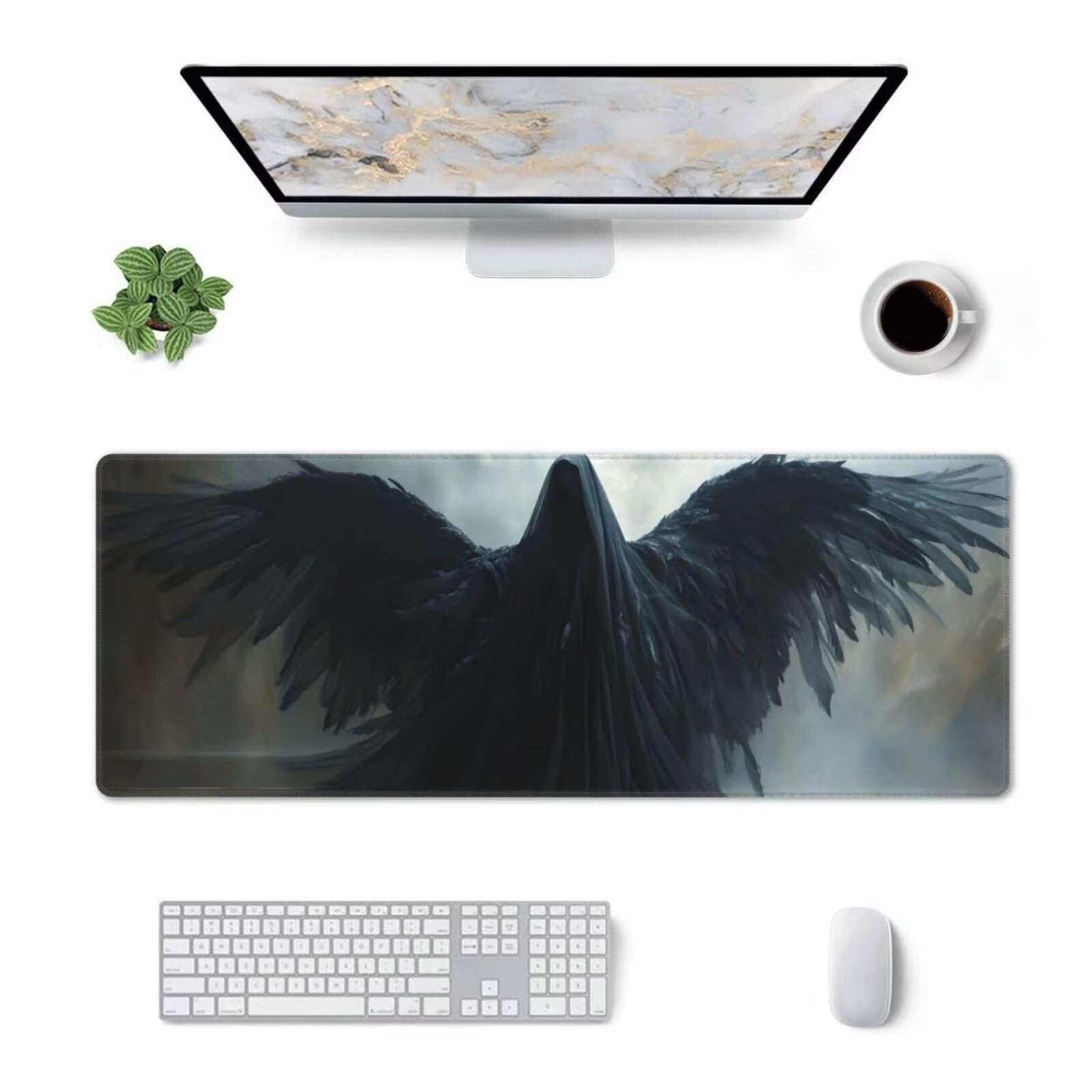 Tappetino Mouse, Tappetino Mouse Gaming Grande XXL 1500x800x3mm Tappetino Scrivania Mouse Pad, Base in Gomma Antiscivolo, Bordi Cuciti,Lavabile, Mousepad per Ufficio e Gaming (Angelo nero) R-281
