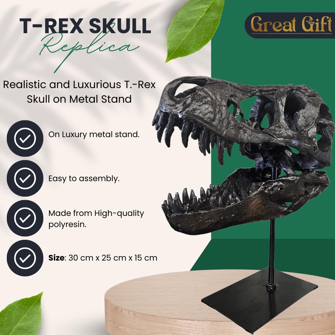 T-Rex Cráneo XXL sobre soporte de metal - Réplica - Tyrannosaurus Rex - Dinosaurio - Fósil - Decoración de lujo - 30x25 cm
