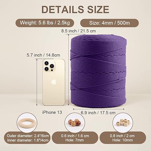 Miniatura 2 de ZUEXT - Cordón de algodón de macramé de 0.157 in x 547 yardas, cuerda trenzada natural hecha a mano violeta oscuro morado de 4 hebras para colgar en
