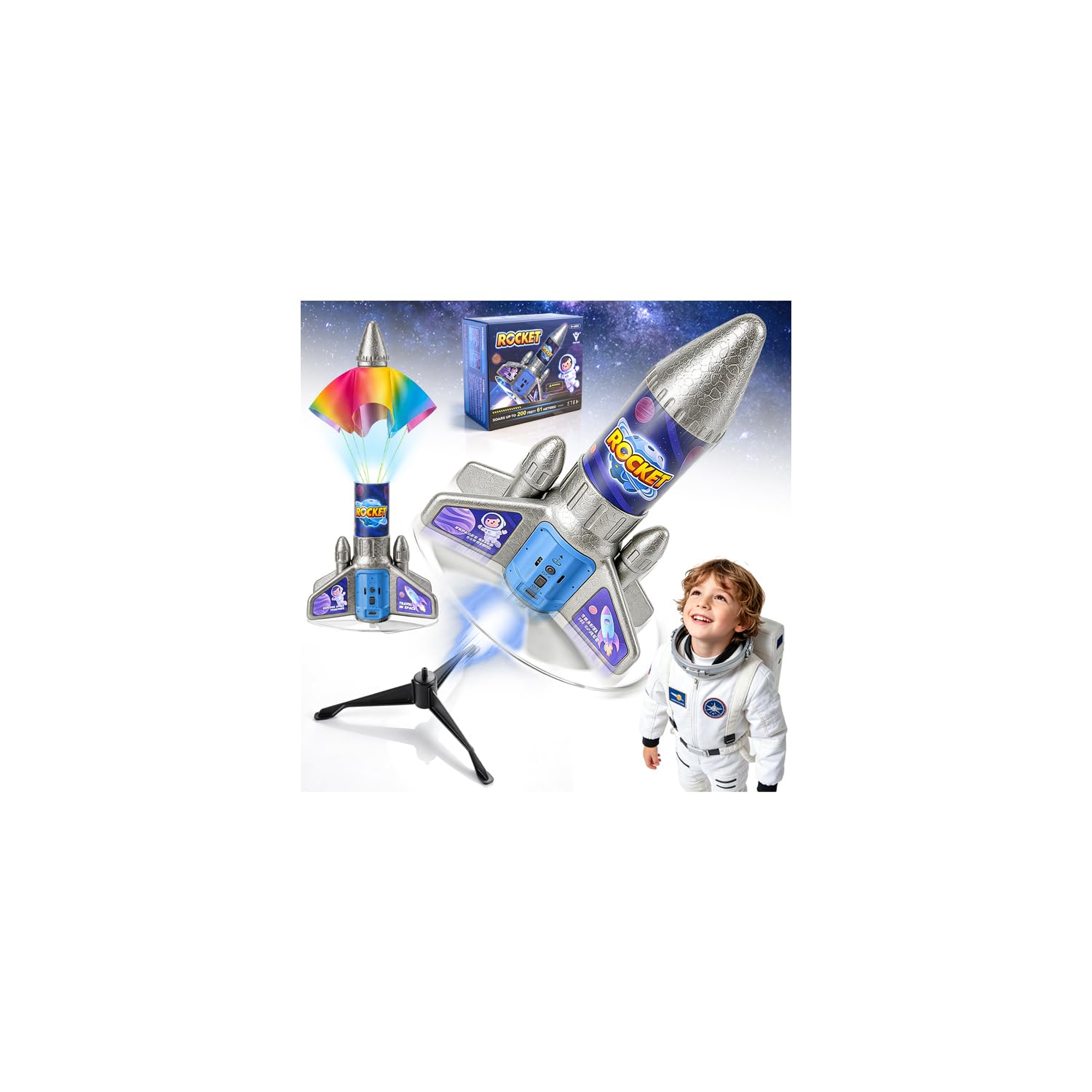 Rocket Launcher for Kids, Self Launching Motorized Air Rocket Toy, Model Rockets with Safe Parachute & Lights, 200 Feet of Flight Altitude Outdoor Toy Halloween Birthday Gifts for Ages 3-12 Boys Girls