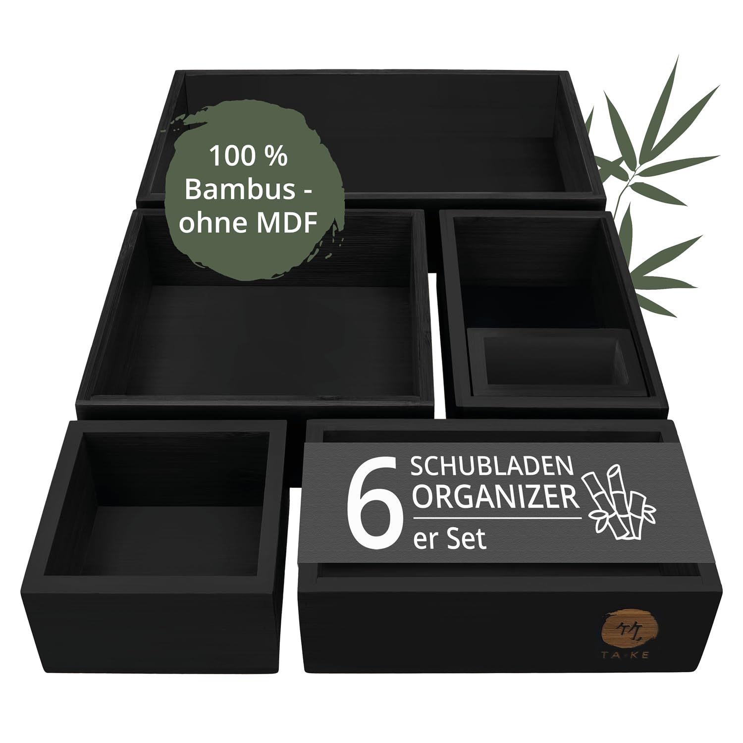 TAKE® 6-teiliges Schubladen Organizer aus 100% Natur Bambus (Schwarz) - Schubladen Organizer Boxen in vers. Größen für Küche, Bad & Büro, Drawer Organizer Schublade, Schminktisch Organizer Bad