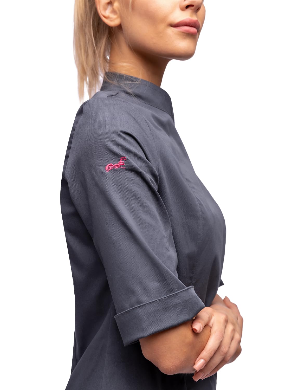 strongAnt Chef Coat for Women 3/4 Short Sleeves Stretch Slim Fit Zipper Cooking Uniform Chef Jacket - Grey L