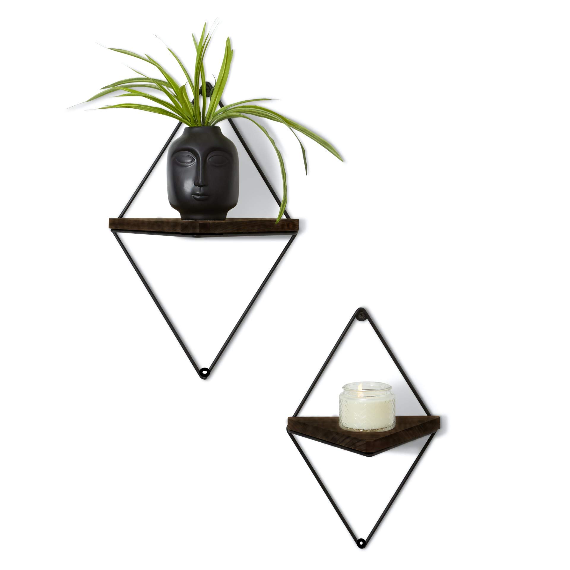 Floating Rustic Wood Triangle Shelves- Set of 2 - Dark Oak Finish - Farmhouse Shelf - Wall Decor - Mounting Hardware Included - Geometric Floating Shelf - Diamond Frame - Modern Decoration (Dark Oak)