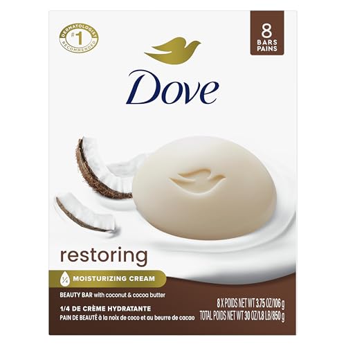Dove Beauty Bar Soap Restoring Coconut & Cocoa Butter, 8 Bars for Restored Skin, Nourishes Skin 3.75 oz