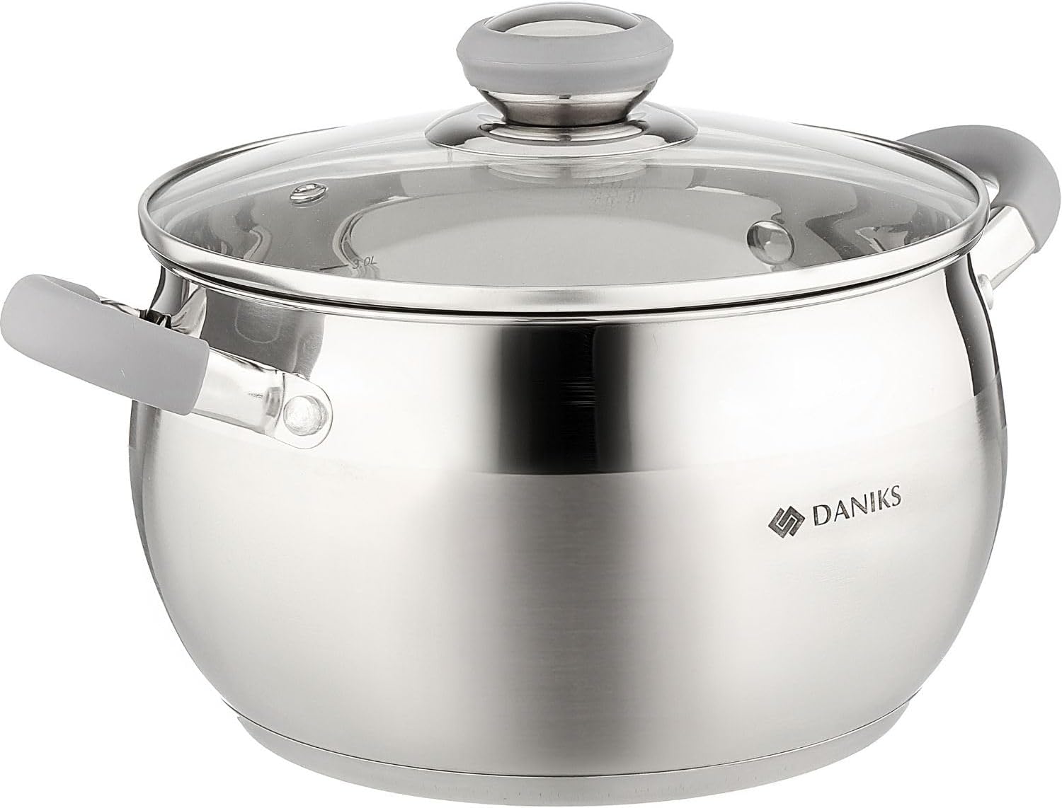 Daniks Modern Stainless Steel Stock Pot with Glass Lid – Induction 4 Quart, Dishwasher Safe, Heatproof Handles, For Soup, Pasta, Stew, Silver