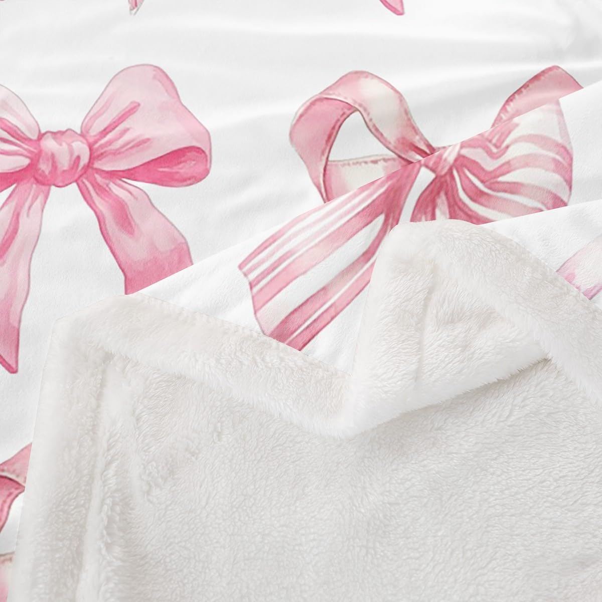 Pink Bowknot Throw Blanket,Girly Princess Style Bed Plush Blanket for Rustic Home Decor,3D Bow Girl Fleece Throw Blanket for Bedroom Sofa Room Decor,Watercolor Pink White Bed Blanket,60"x80"
