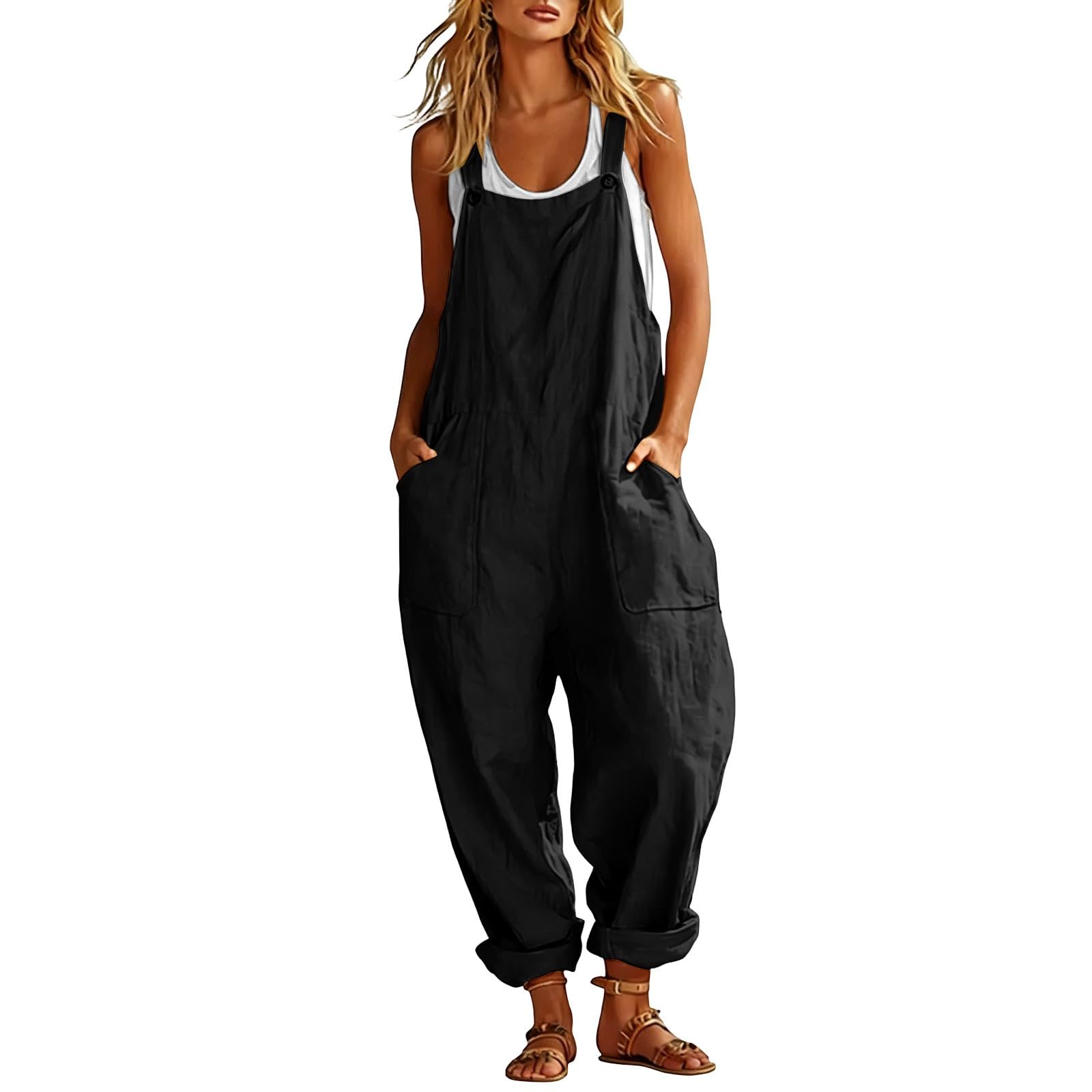 Salopette estive da donna a gamba larga, con tasche | Pantaloni estivi traspiranti, eleganti, senza maniche, per vacanze e uso quotidiano
