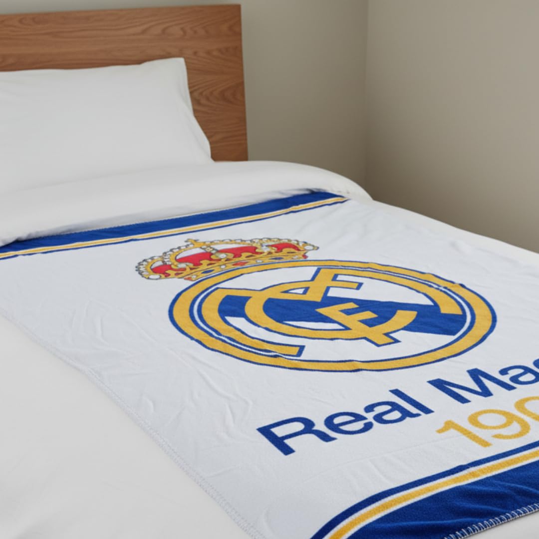 ARDITEX, Coperta in Pile Real Madrid, Coperta in Pile Coralina per divano, Ideale come regalo, Morbidissima e molto calda, Poliestere 200 gsm, 150 x 95 cm (Bianco)
