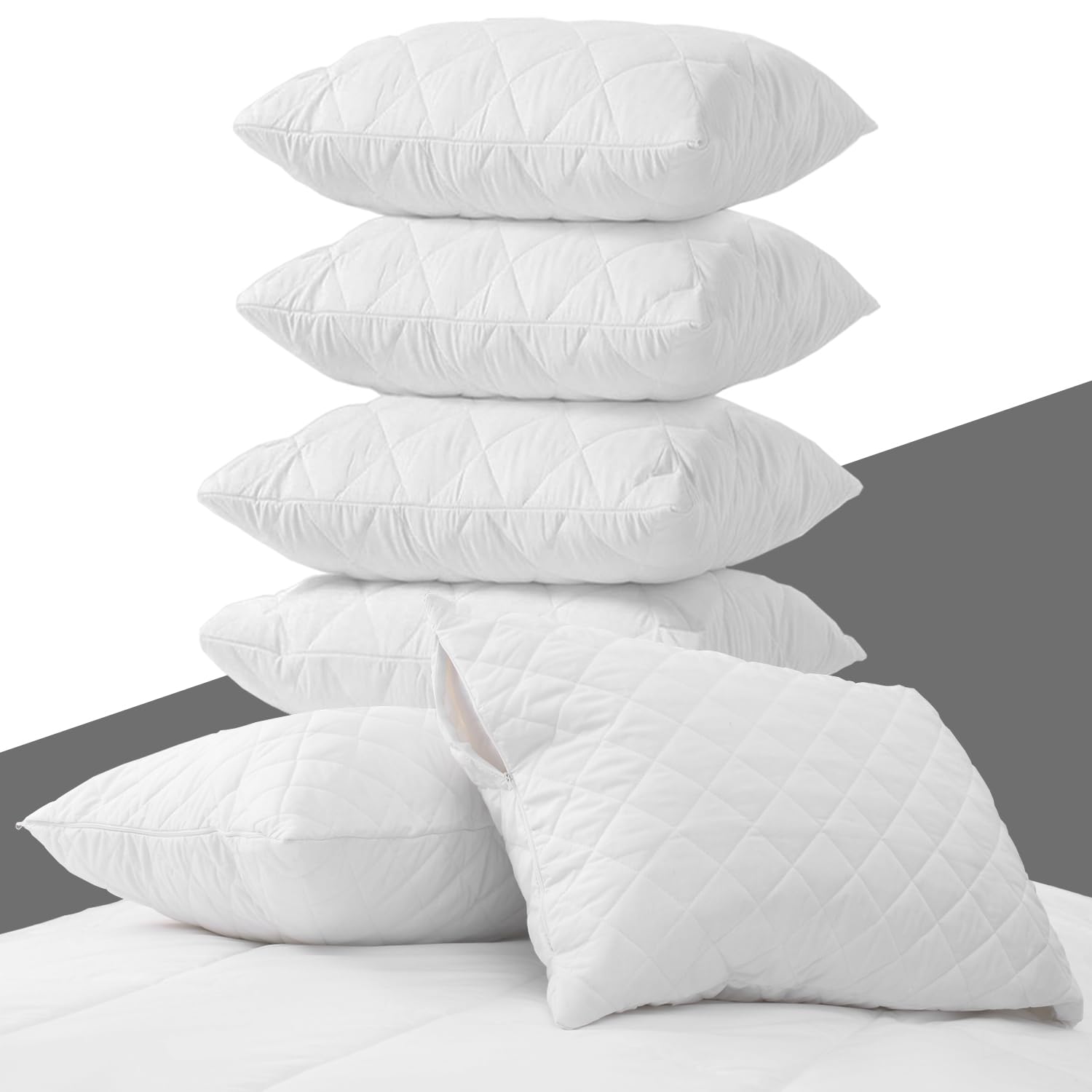 Pillow Protectors 6 Pack Cover White, Anti Allergy Zipped Pillows Protector, Quilted Pillow Case, Machine Washable, Dust & Mite Proof - 50 x 75cm