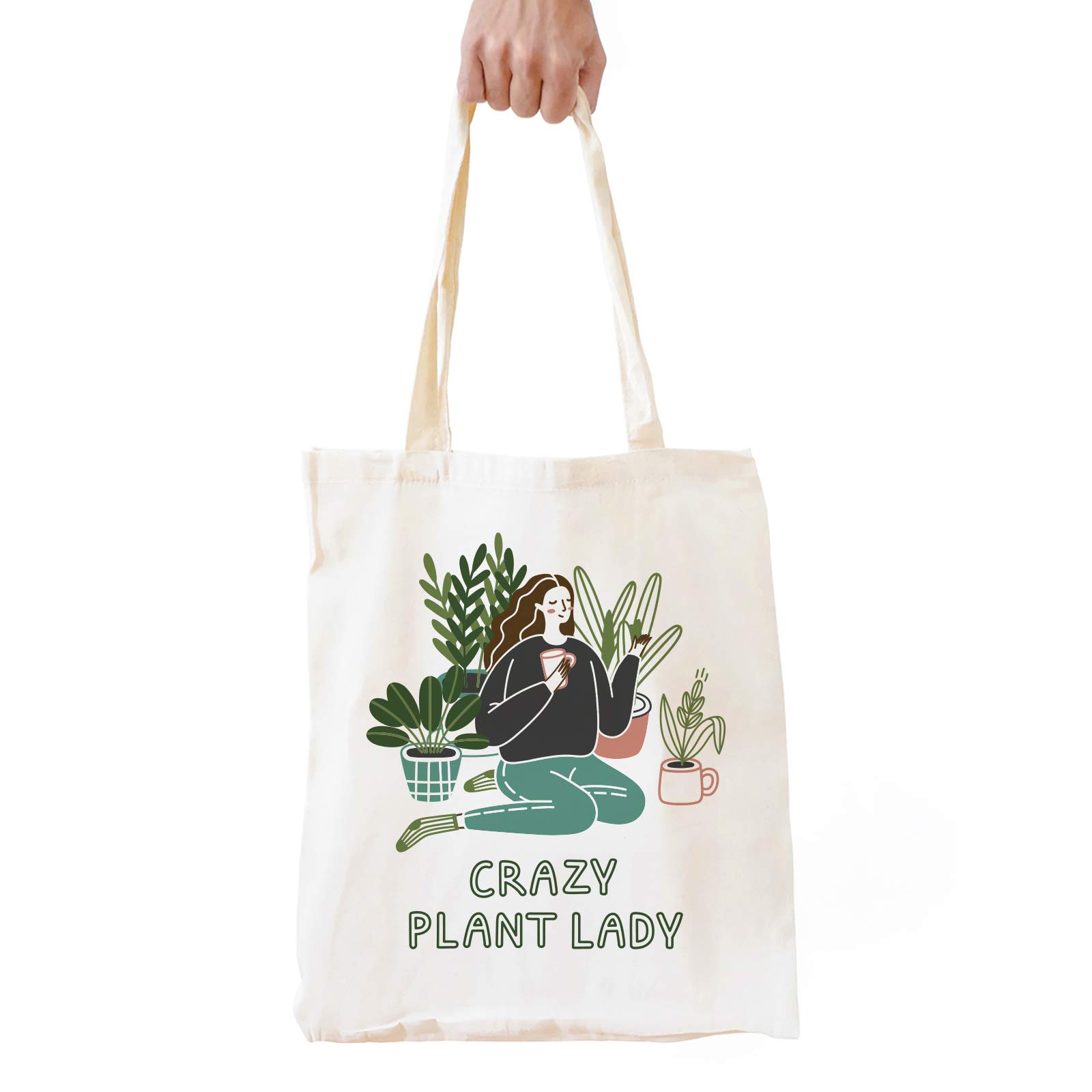 Cute Crazy Plant Lady Natural Cotton Reusable Tote Bag | Funny Eco-Friendly Cotton Tote Bag School/Shopping/Shoulder Bag Gifts for Plant Lover Teens Women Friends Gardener
