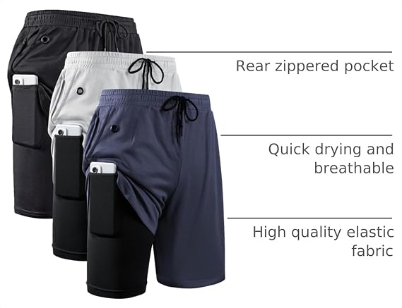 JWJ Mens 2 in 1 Running Shorts Quick Dry Gym Athletic Workout Clothes with Side Pockets