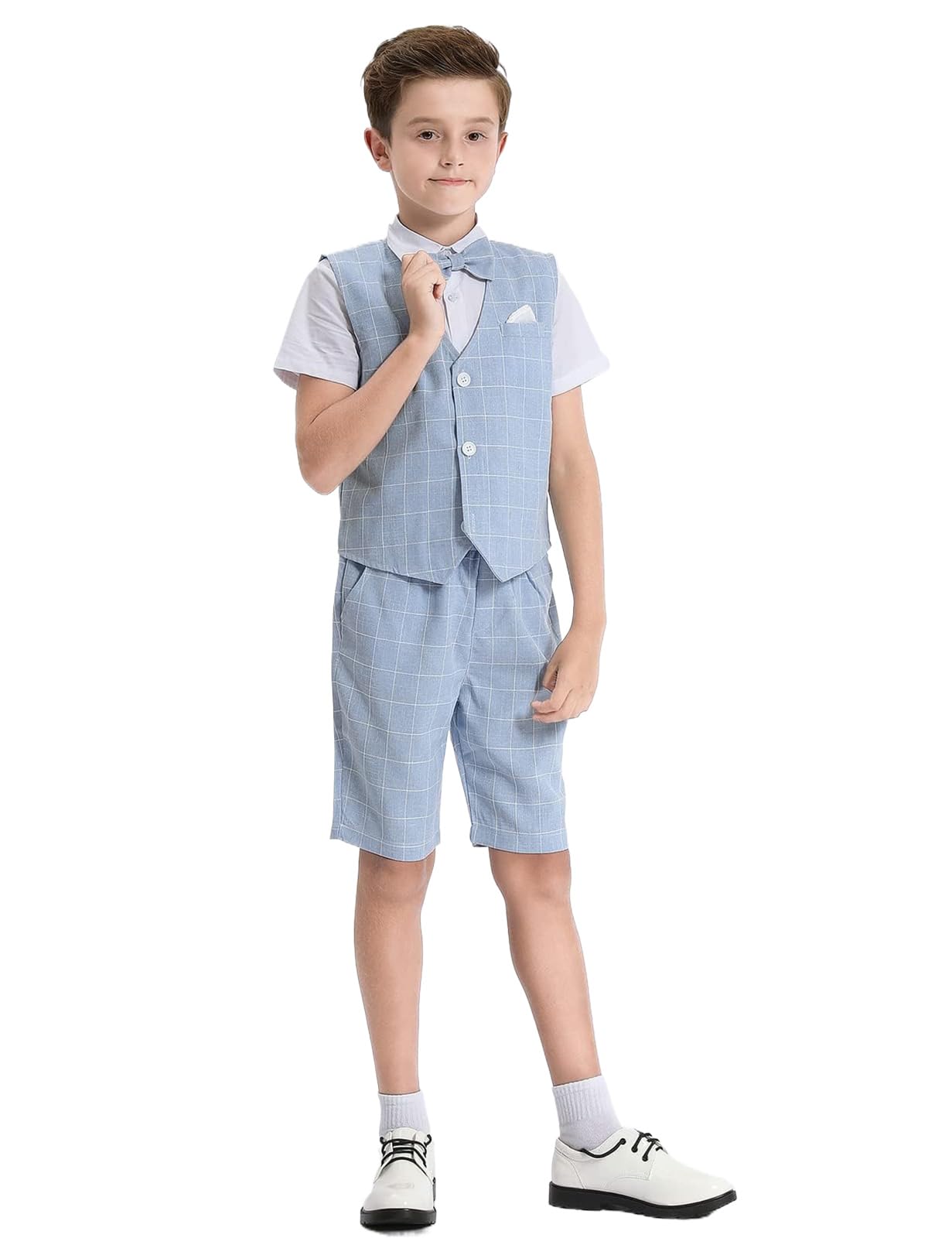 mintgreen 3PCS Ragazzo Gentiluomo Vestito Gilet + Camicia + Pantaloni + Papillon + Quadri Taschino 4-11 Anni