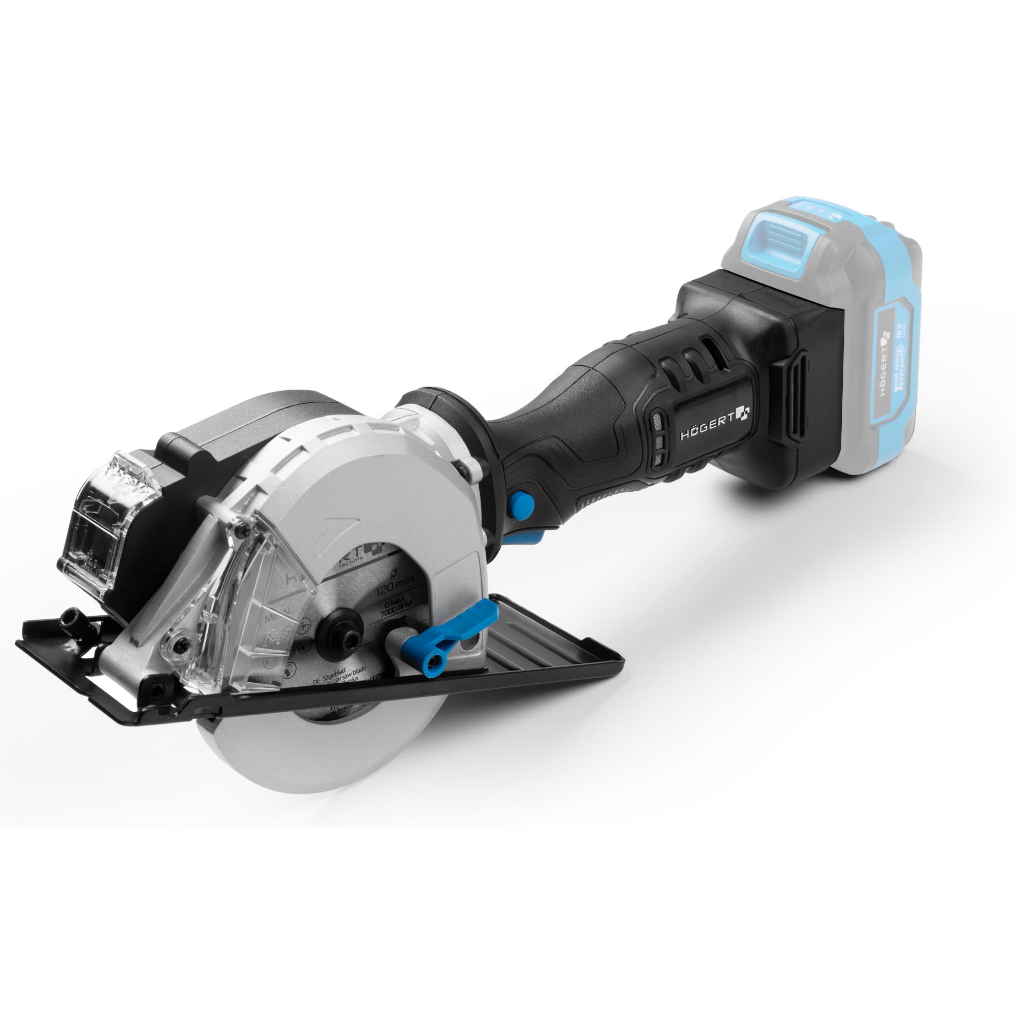 HÖGERT TECHNIK Sierra Circular Manual a Batería 18V OneAccuSystem, motor sin escobillas, mini sierra circular para metal 120 mm, 4000 RPM, compacta y ligera, guía paralela, sin batería