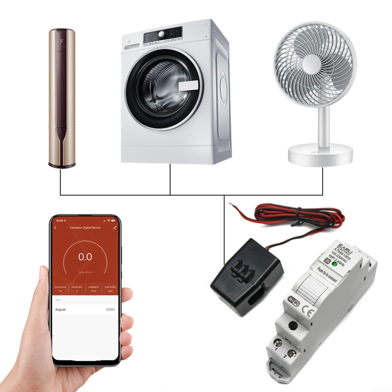 Para Tuya Smart WiFi, medidor de electricidad, carril DIN de 1 fase, contador de energía con control de aplicación, pantalla LCD para voltaje/corriente/kWh, compatible con Tuya Smart, 100-240