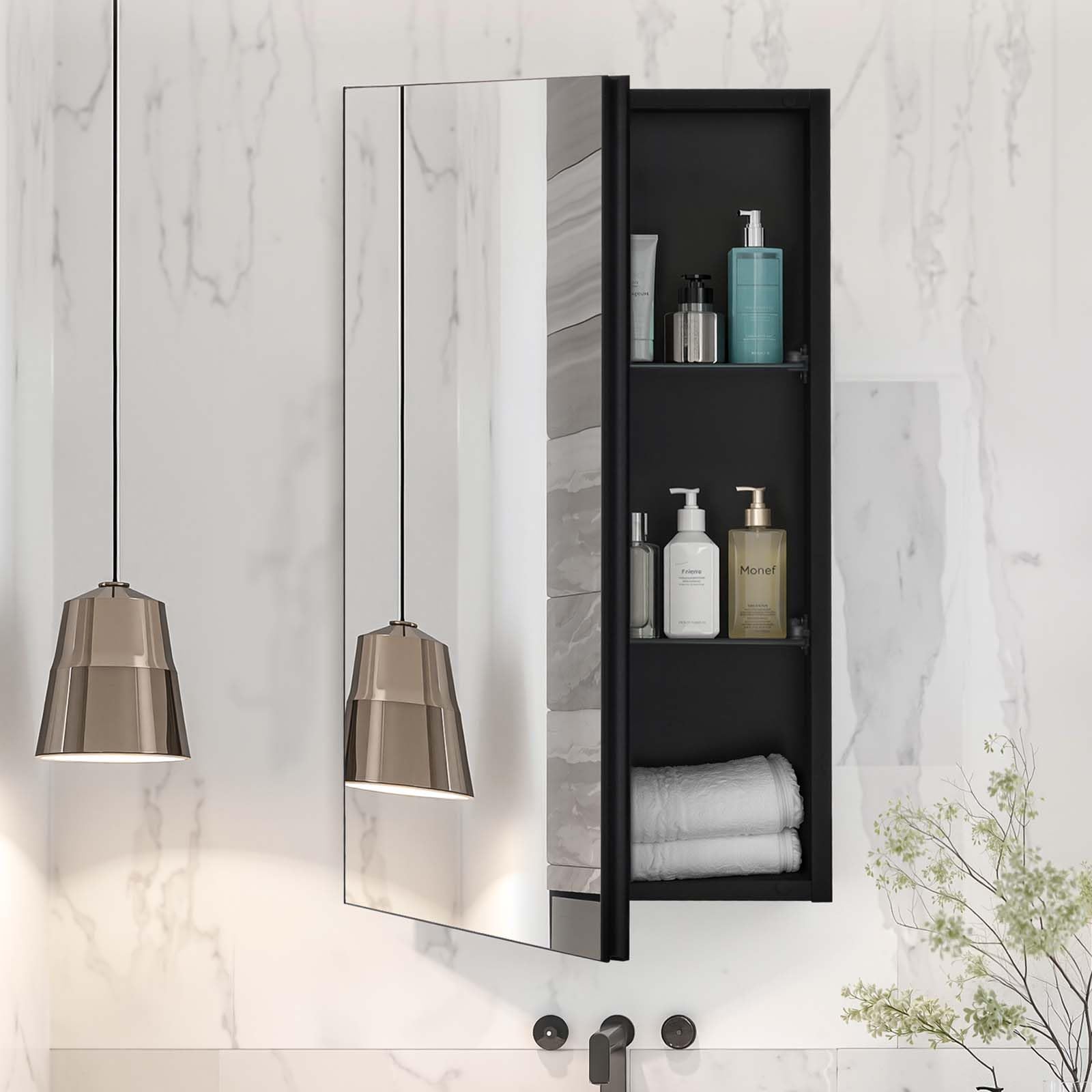 VEVOR Botiquín con Espejo para Baño con Puerta de Espejo y Estantes de Vidrio Ajustables, Instalación Empotrada y Montada en Pared, Aluminio, Organizador de Almacenamiento, 355 x 135 x 610 mm