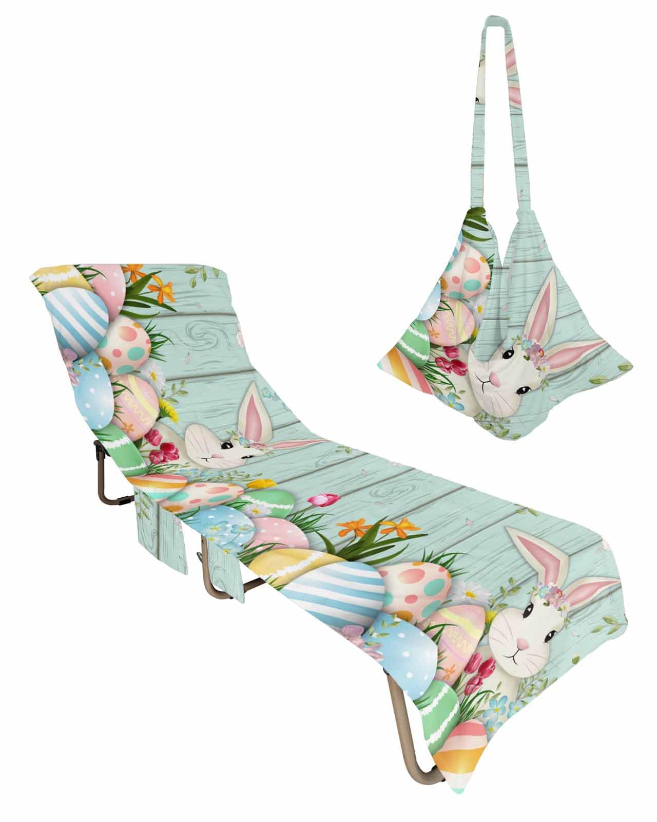 Teal Easter Beach Lounge Chair Towel Cover, Soft Chaise Lounge Towel with Side Pockets Patio Pool Chairs Cover for Beach/Pool Sunbathing 29x85 Spring Floral Colorful Eggs Botanical Wooden