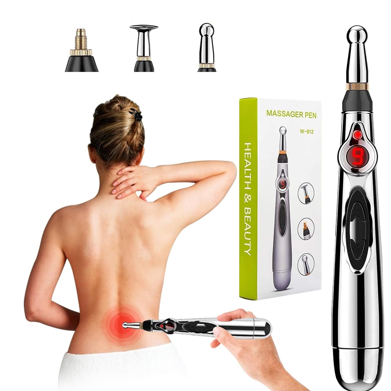 Pluma De Acupuntura Electrónica, Máquina De Acupuntura Láser De Meridianos Eléctricos con 3 Cabezales De Masaje, Ajustes De Intensidad De 9 Niveles para Aliviar El Dolor Corporal