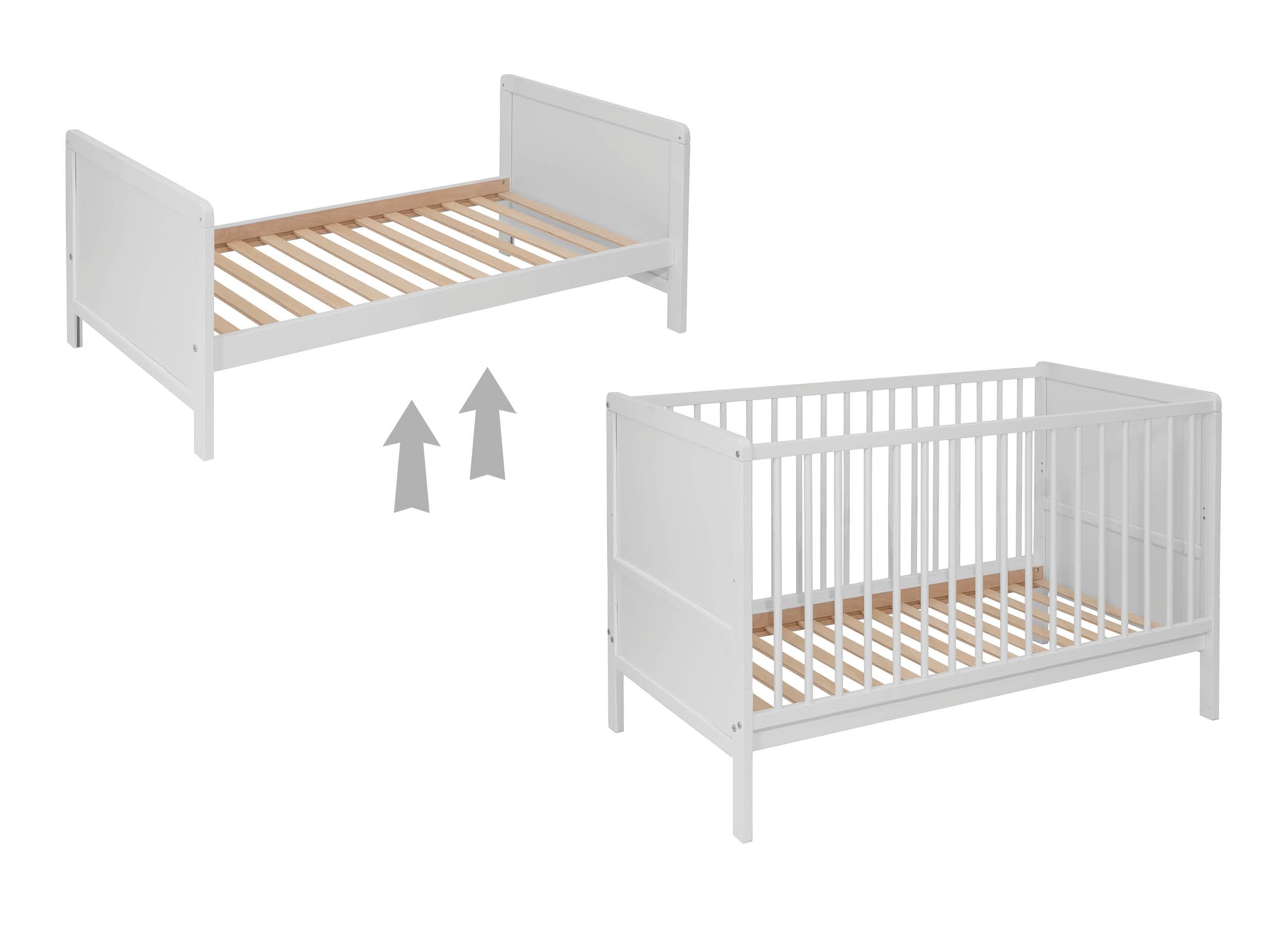 Lit bébé évolutif Nelly 120x60 cm – Bois de hêtre – Lit Junior Convertible – Sommier réglable – en 716 (Blanc)