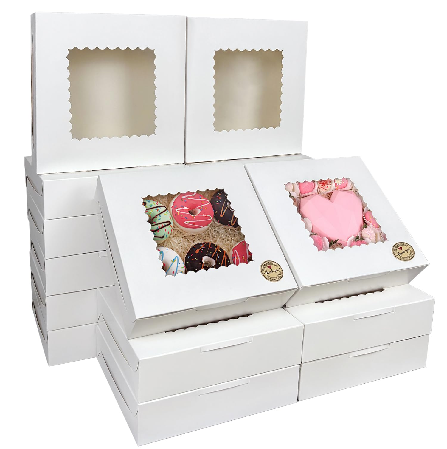 SmilerSmile 24 scatole per torte, 25,4 x 25,4 x 6,3 cm, scatole bianche per pasticceria con finestra, per torte, biscotti, muffin, cioccolatini, feste, matrimoni, San Valentino