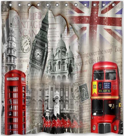 HOT design Red Double Decker Bus London Bus and red Telephone booth Shower Curtain 66"(w) x 72"(h) Generic Shower Curtain Liners