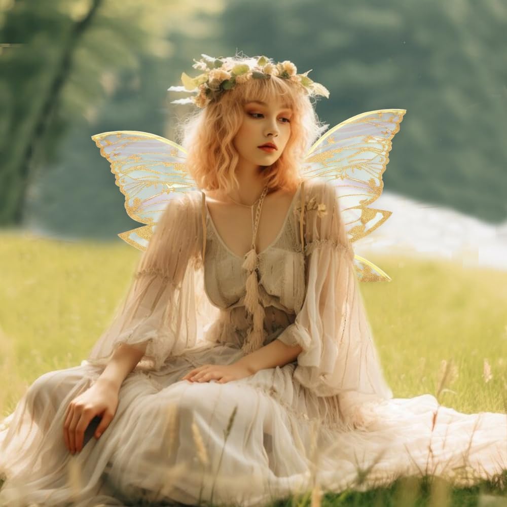 ALIBBON Large Fairy Wings Glitter Transparent Fairy Costume for Women Adults, Butterfly Wings Angel Elf Dress Up Accessories