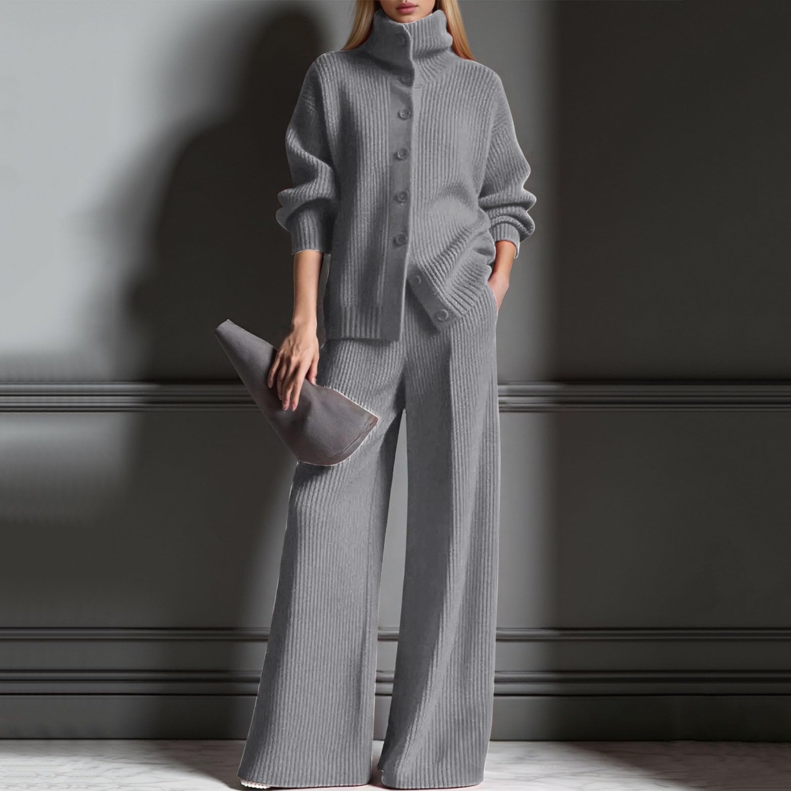 Elegantes Damen Strickensemble mit hochgeschlossenem Cardigan weiter Hose für einen modernen stilvollen