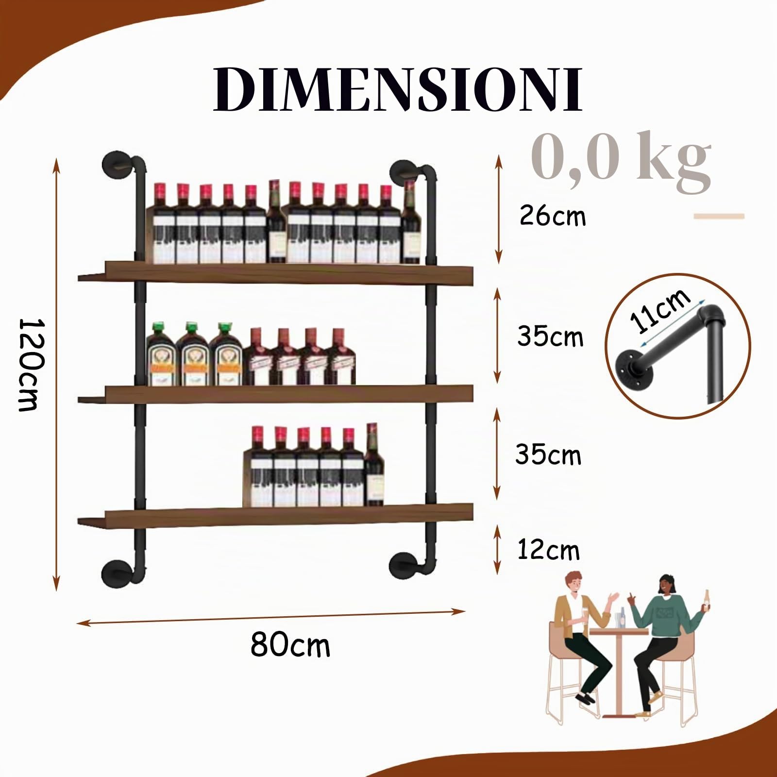 Portabottiglie da Parete in legno Massello, Grande Espositore per Bottiglie di Vino in Industriale Vetrinetta da Bar Con Luce LED,Scaffale Galleggiante Per Cucina, Bar, Caffetteria (80cm)