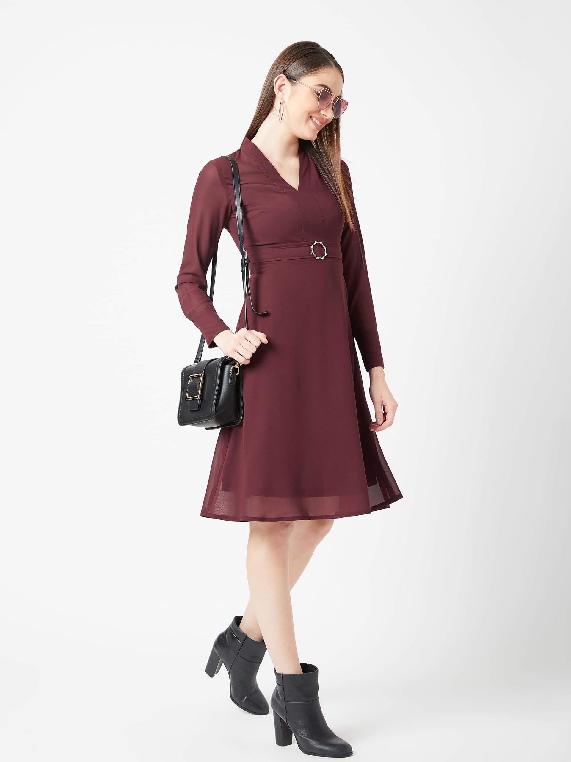 Miss Chase Women's Wine Red V-Neck Full Sleeve Solid Fit & Flare Midi Dress(Mcss20D14-39-184-06_Maroon_Xl)