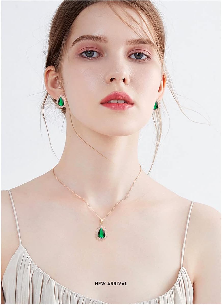 Bridal Jewelry Set for Women - Sterling Silver 14k White Gold/ Gold Plated Teardrop Crystal Cubic Zirconia Pendant Necklace Earrings Set for Wedding Bride Bridesmaids Girls Party Prom Birthday Valentine's Day Birthday Gift