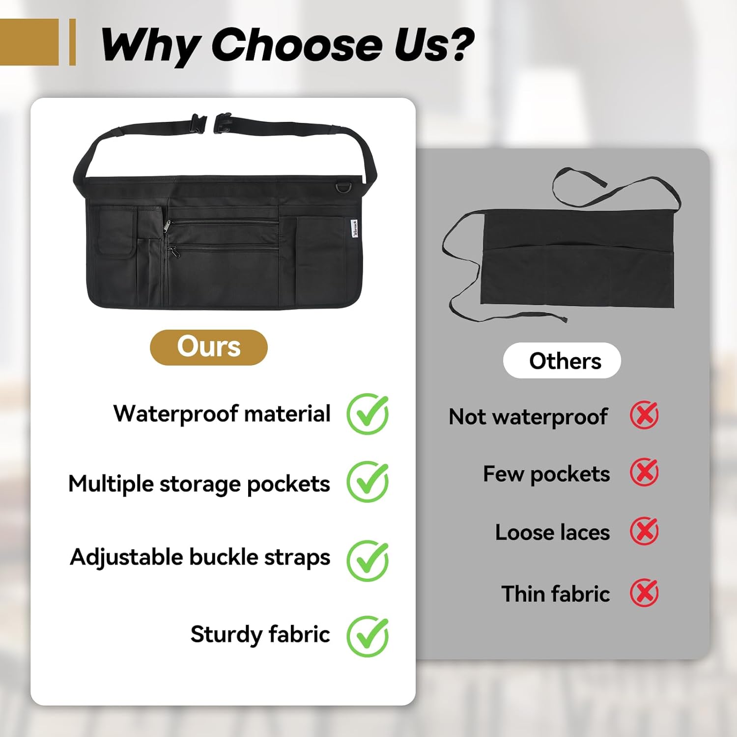 Waitress Apron with 7 Pockets — Black Half Bib with Zippers & Adjustable Belt, Waist Apron for Women/Men, Restaurant Servers, Kitchen Staff - Image 4